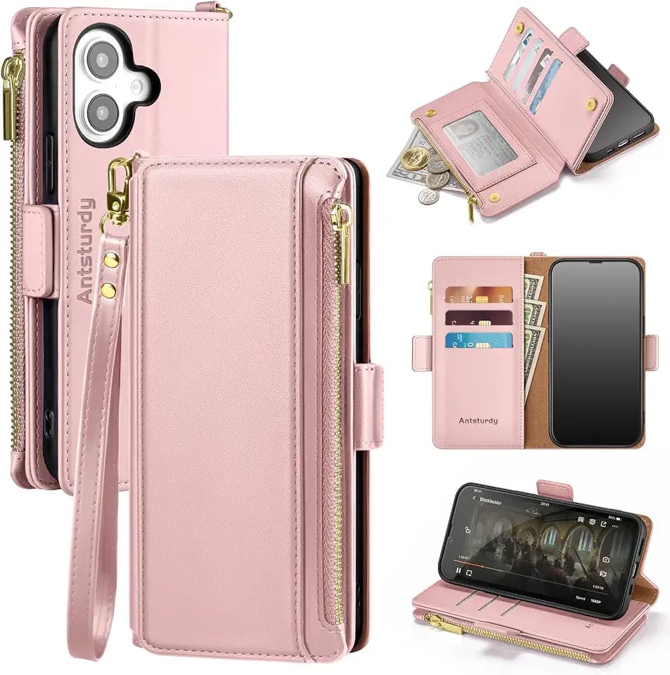 Antsturdy for iPhone 16 Plus Phone Wallet Case Women,Pink