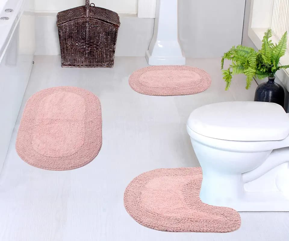 Home Weavers Double Ruffle Collection 100% Cotton Bathroom Rugs Set, Washable Rug, Extra Soft and Absorbent bath Rug, Kitchen Mat, Bath Mat Set, Bath Floor Mat Non Slip, 3 Piece Set with Contour, Pink