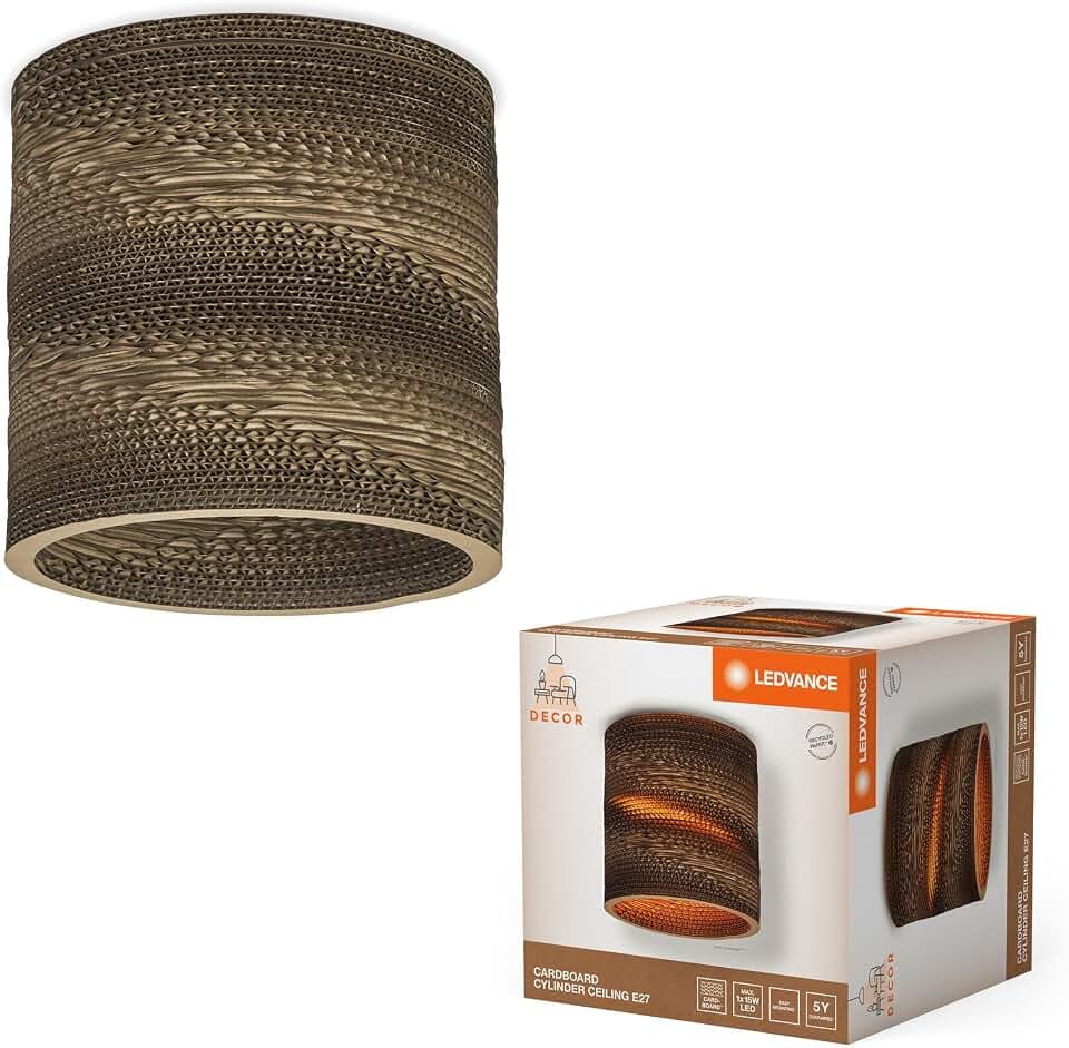 LEDVANCE Tischleuchte Decor Cardboard Cylinder braun aus Wellpappe, E27, 250 mm Durchmesser, Leuchtenschirm aus recyceltem Material, nachhaltig durch austauschbare Lichtquelle, einfache Montage
