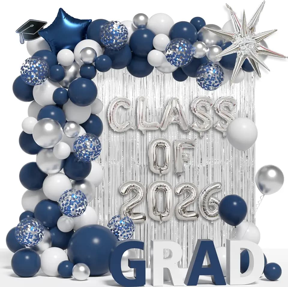 Graduation Balloon Garland Arch Kit Different Sizes 5 12 18In Navy Blue White and Silver Balloons for Graduation Party Decorations with Class of 2026 Foil Balloon & 78 Inch Fringe Curtains Backdrop