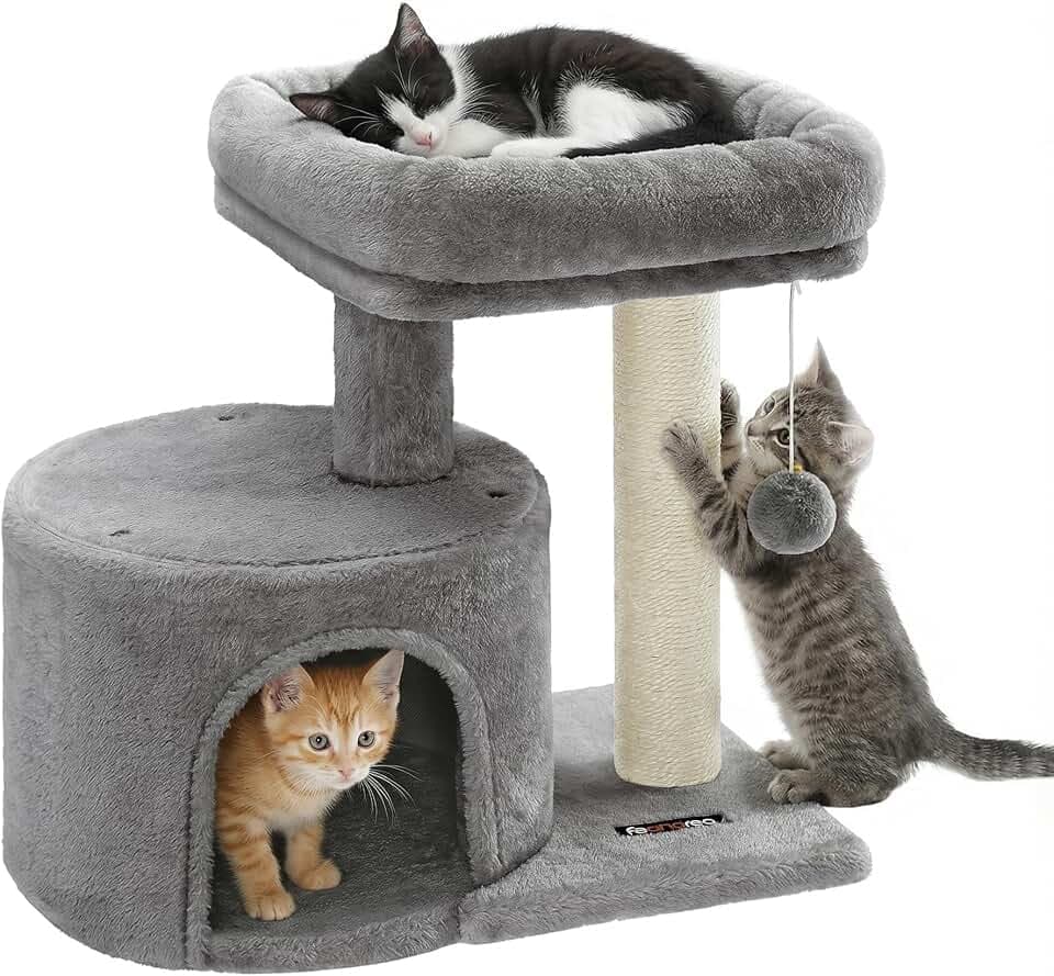 Feandrea Cat Tree, 18.5-in Small Cat Tower, Cute Kittens Condo, Light Gray