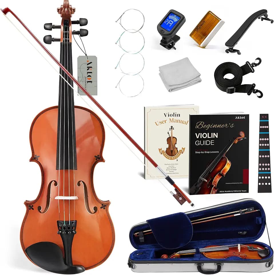 AKLOT Handcrafted Full Size Violin: Solid Wood Glossy Fiddle, Acoustic Beginner 4/4 Violin Kit with Hard Case, Lesson Book, Bow, Shoulder Rest, Extra Strings, Tuner, Fretboard Stickers (VRT-AmiOB)