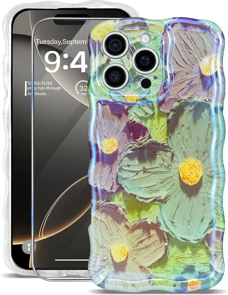 sheheme for iPhone 16 Pro Case [with 9H Screen Protectors] Wave Bumper Colorful Oil Painting Flowers Print Blue Glossy Soft TPU Phone Case Cover for Girls Women,Blue Purple