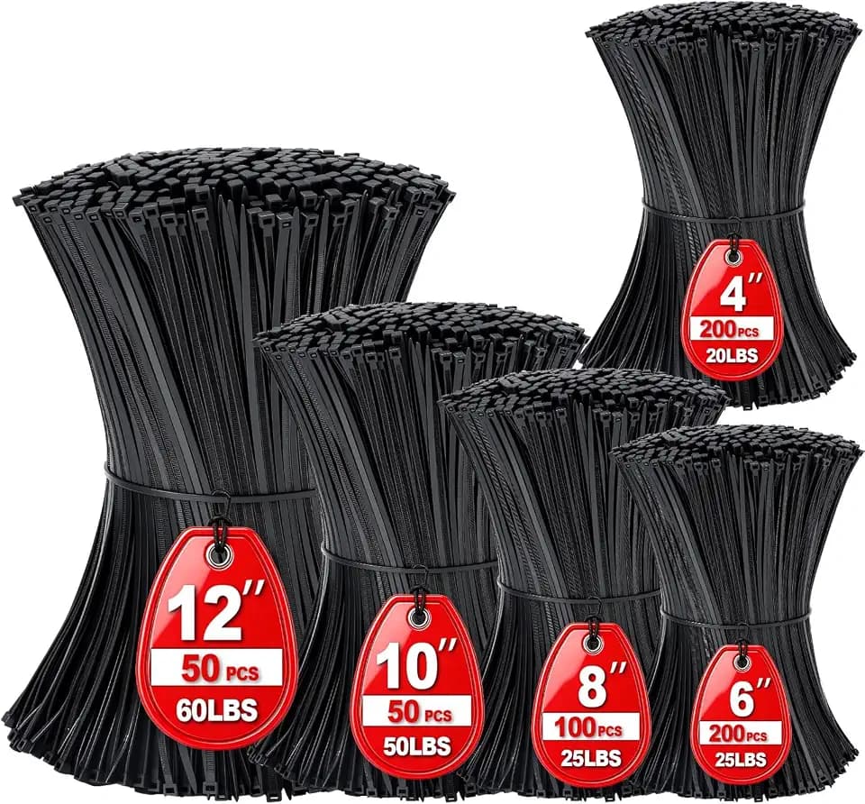 Black Zip Ties Assorted Sizes 4+6+8+10+12-Inch，600PCS Multi-Purpose Self-Locking Nylon Cable Tie,Wire Tie Perfect for Home,Garden Trellis,Office,Garage and Workshop.
