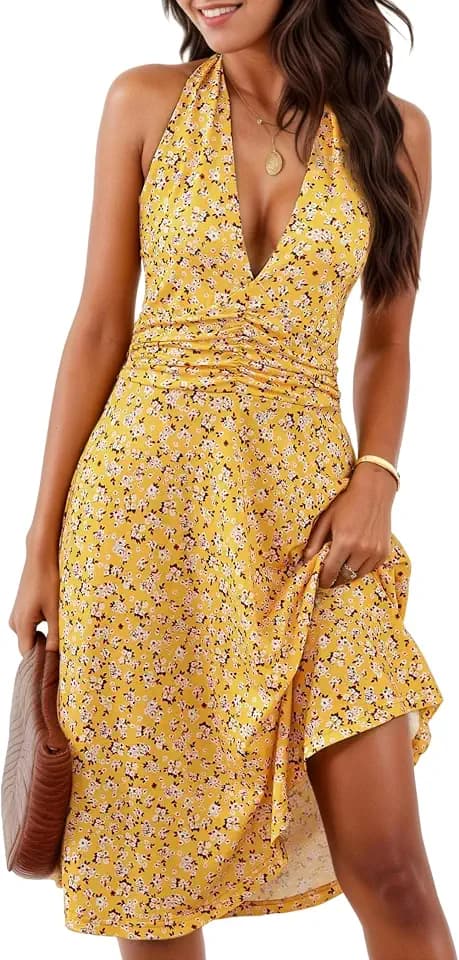 Timuspo Sommerkleid für Damen, V-Ausschnitt, Strand, Sommerkleid, Neckholder, ärmellos, Blumenkleid mit Taschen, knielang, Urlaub