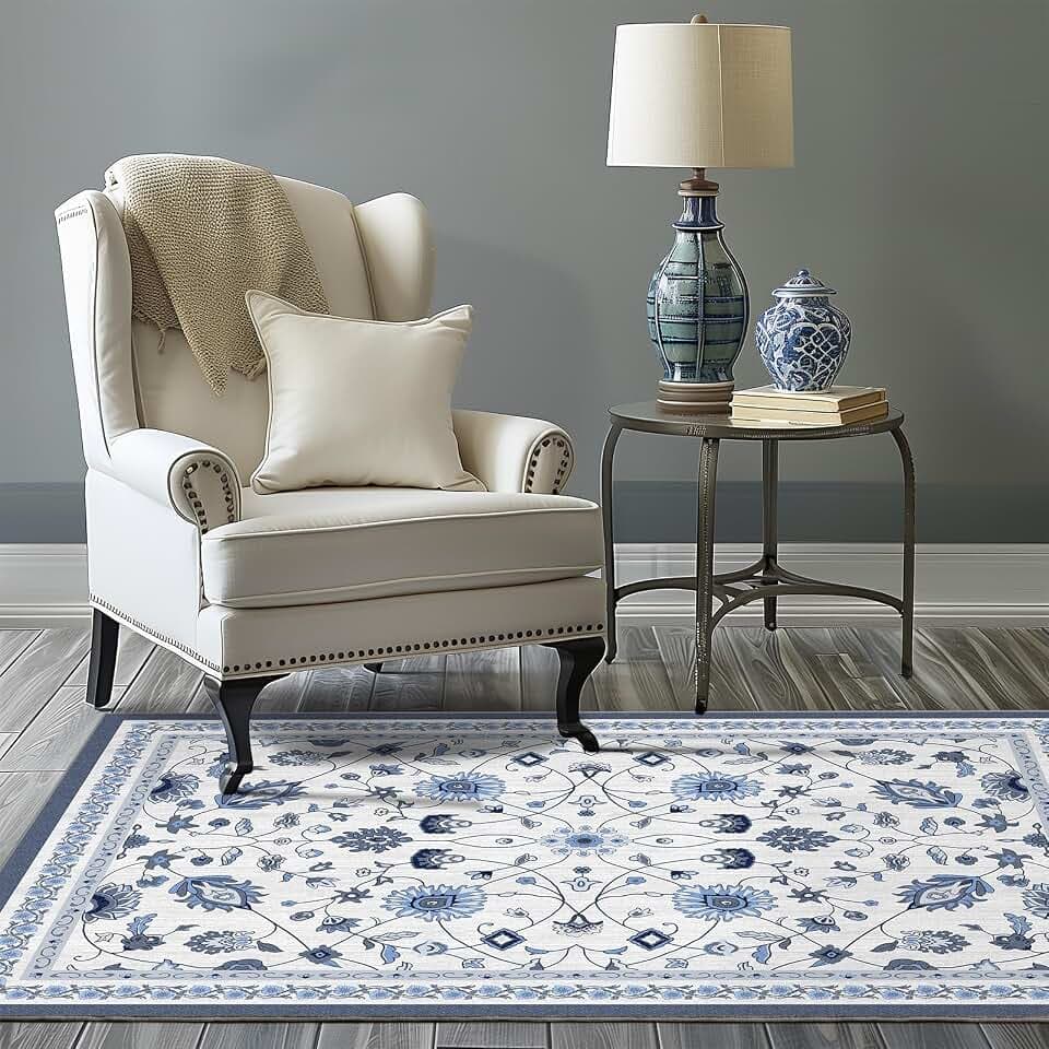 EverGrace Area Rugs for Living Room 4x6, Boho Floral Faux Wool Indoor Outdoor Rugs, Washable Rugs for Bedroom Entryway Dining Room Hallyway, Low Pile Floor Mat Carpet for Home Decor, Porcelain Blue