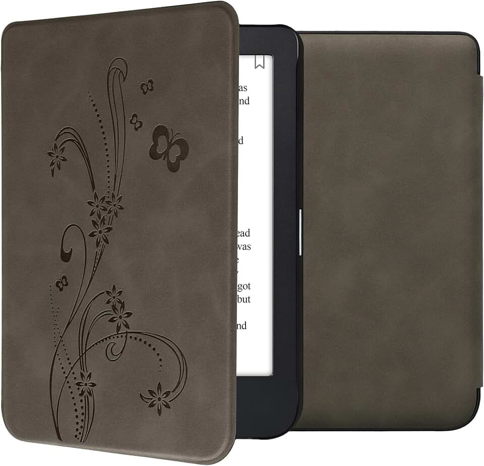 kwmobile Schutzhülle für Kobo Clara 2E / Tolino Shine 4 Hülle - eReader Case aus Kunstleder mit Auto Sleep Funktion - Ranken Schmetterling mit Grau