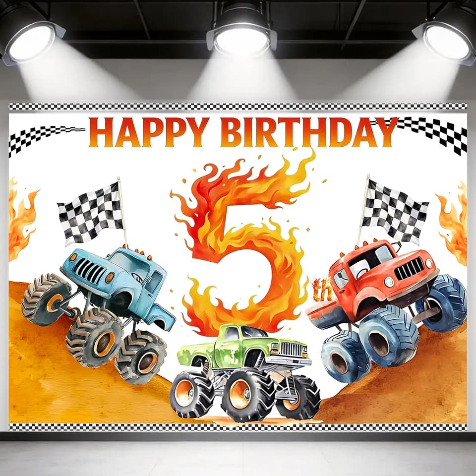 Truck 5th Birthday Decorations for Boys，5th Happy Banner Backdrop，5th Race Car Theme Party Decor Supplies