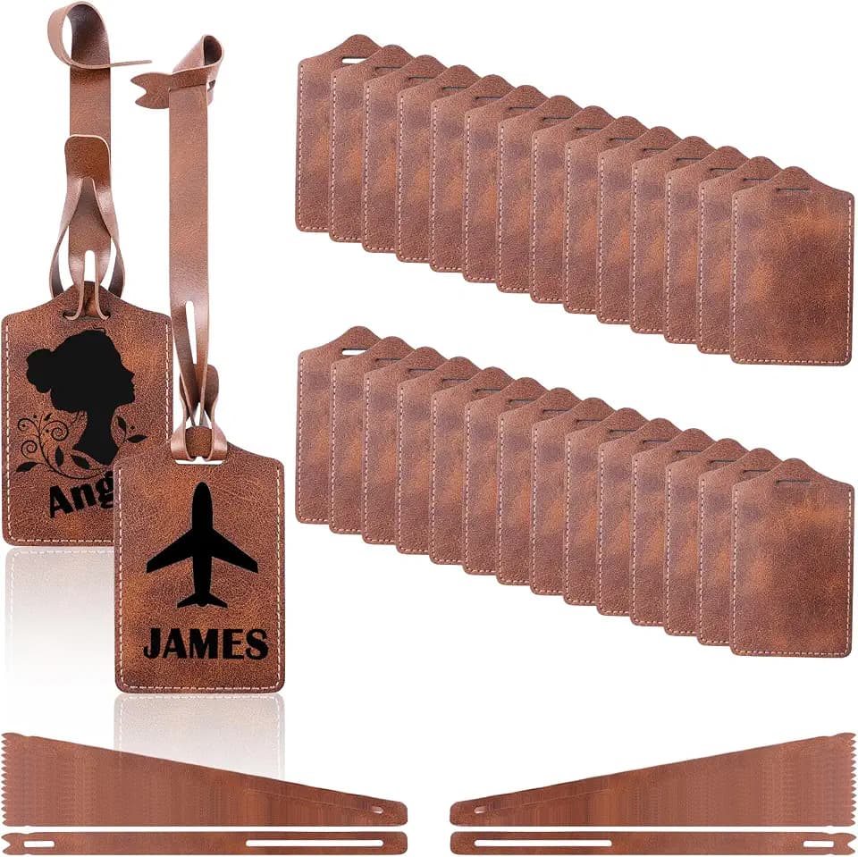 30 Sets Laser Engraving Material - Ideal Laserable Engravable Leatherette Team Gift Group Keepsake - Personalized Lasable Brown Faux PU Leather Name ID Number for Suitcases Bag Backpack Badge