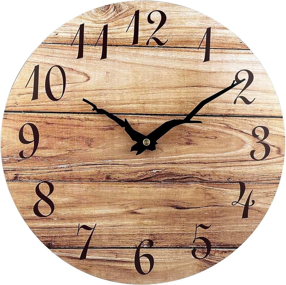 Plumeet Wanduhr, 30cm Rahmenlose Hölzerne Wanduhren mit Leisem Quarzwerk, Rustikale Landhaus-Walnuss-Uhren Dekorativ für Küche Schlafzimmer Wohnzimmer, Braun