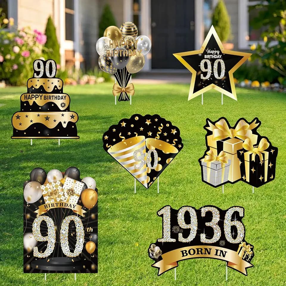 7 PCS Happy 90th Birthday Yard Signs, Birthday Outdoor Decorations for Men and Women, Made in 1936 Lawn Sign, Black Gold Ninety Year Old Birthday Yard Decor with Stakes(BlackGold)