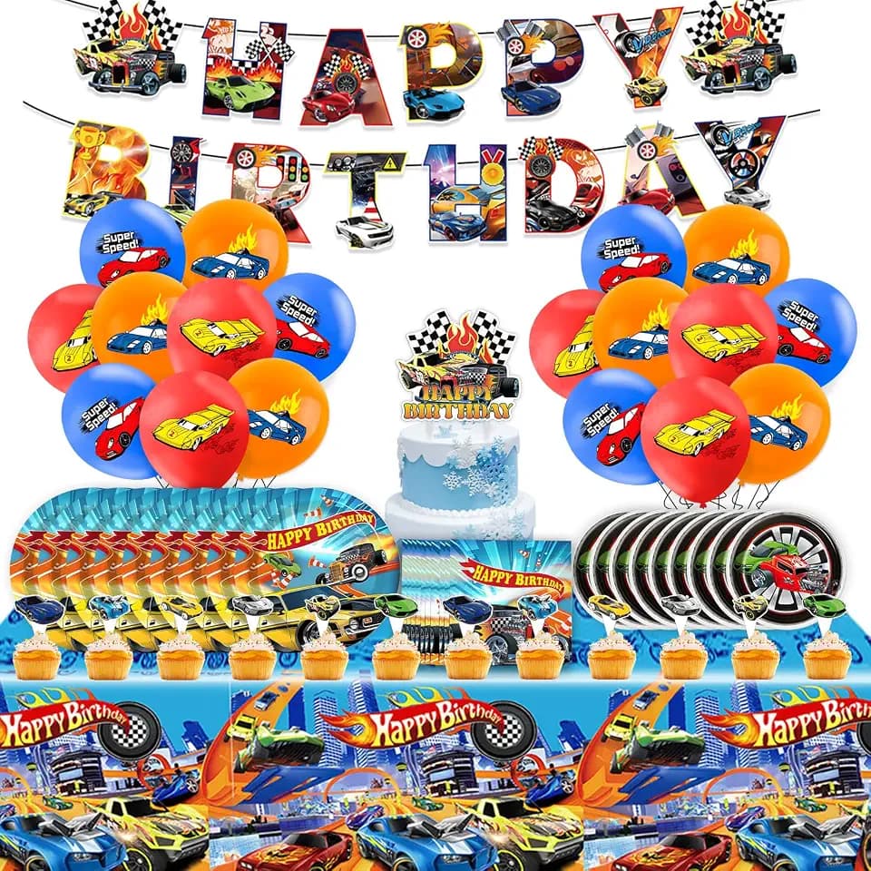 93Pcs Auto Kindergeburtstag Geschirr Deko Jungen- Wheels Geburtstag Partygeschirr Set mit Luftballon Balloon Happy Birthday Geburtstagsdeko Girlande Pappteller Tortendeko Party Supplies für 20 Gäste