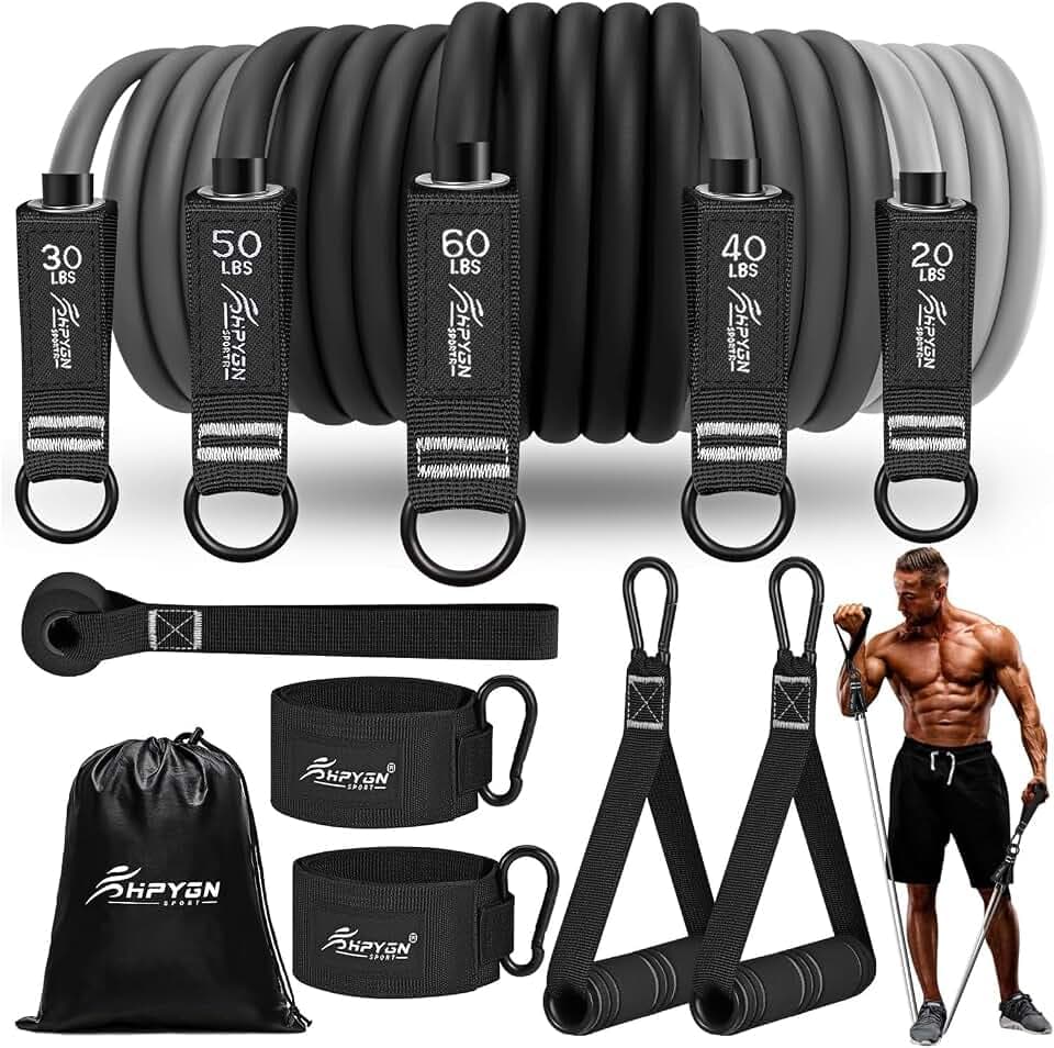 HPYGN Fitnessbänder Set, 150lbs 200lbs 250lbs Resistance Bands 5 Verschiedene Stärken, Widerstandsbänder Set mit Griffen Knöchelriemen und Türanker Tragbarer Rucksack, für Indoor Home Gym und Outdoor