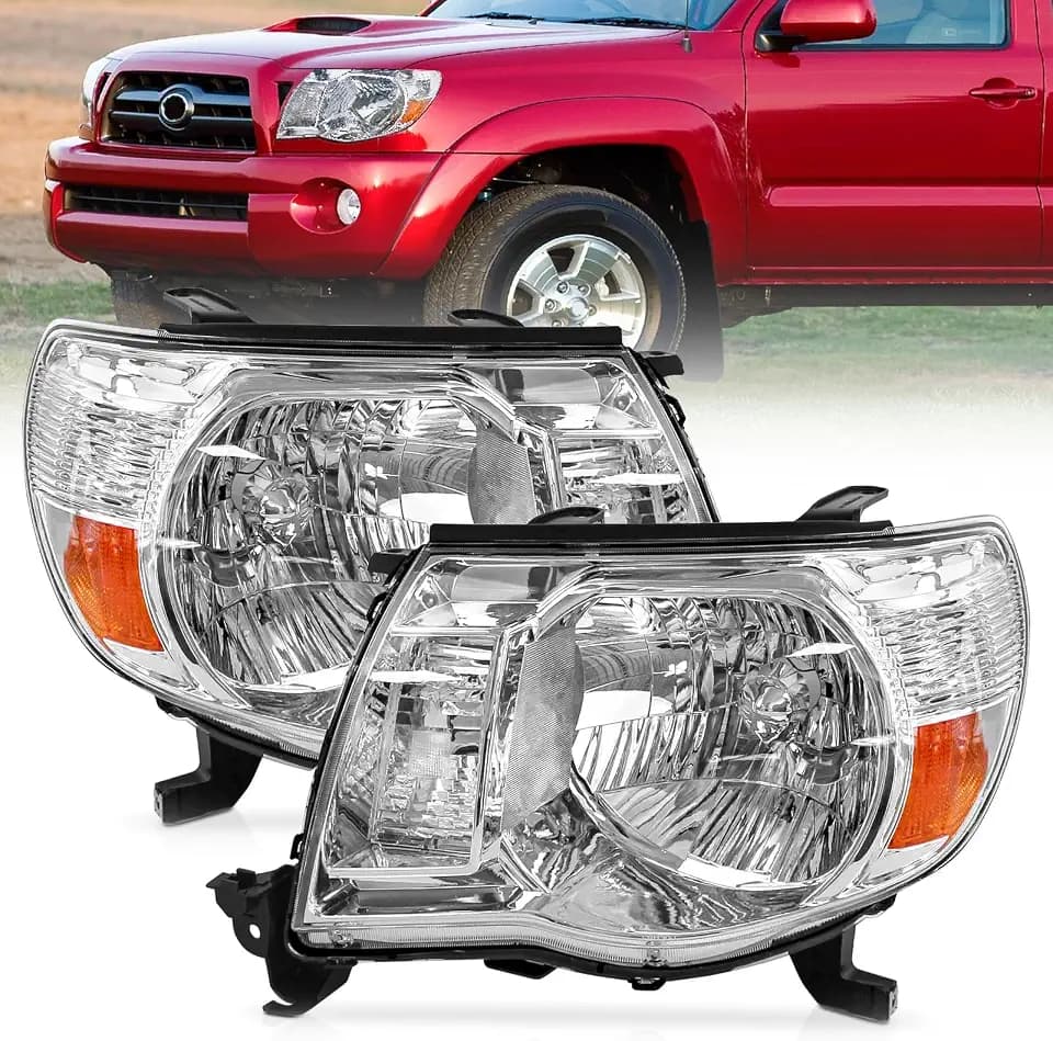 Headlight Fit for 2005-2011 Toyota Tacoma,Halogen Headlamp Replacement Driver Passenger Side Chrome Housing Amber Reflector Clear Lens 8115004163 81110-04163(NO Sport Package)