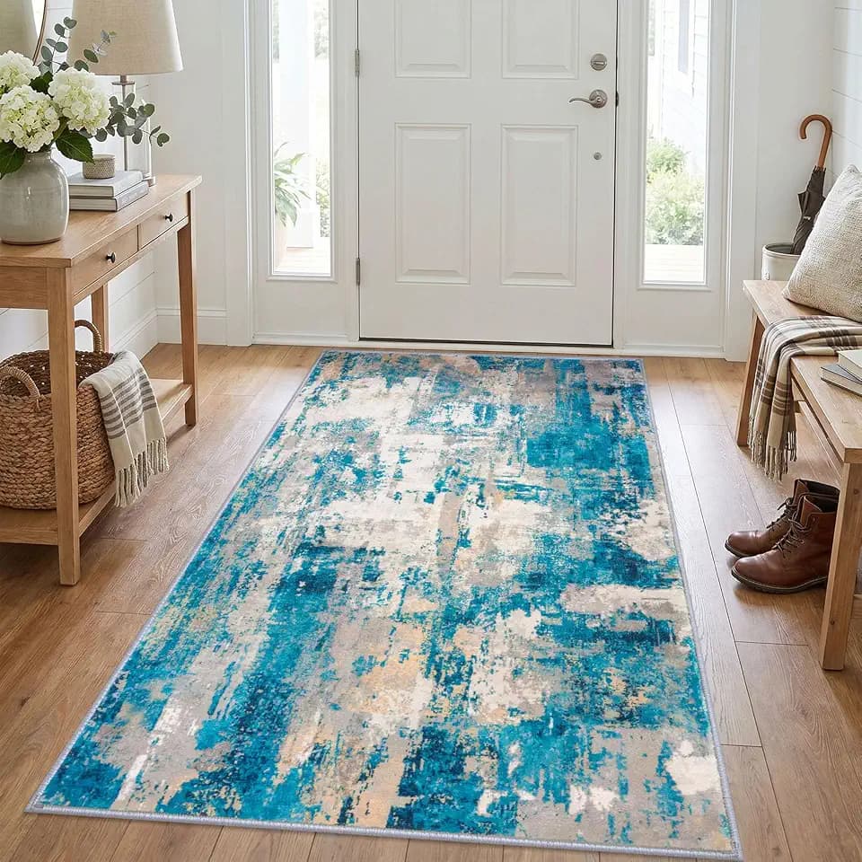 KOZYFLY Abstract Washable 3x5 Area Rug for Entryway Turquoise/Beige/Grey
