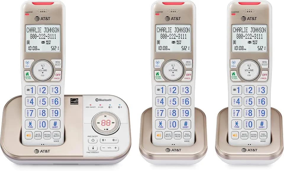 AT&T BL3112-3 3-Handset DECT 6.0 Cordless Phone for Home with Bluetooth Connect to Cell, Smart Call Blocker, Answering Machine, Caller ID, Expandable up to 5 Handsets, Champagne Gold/White