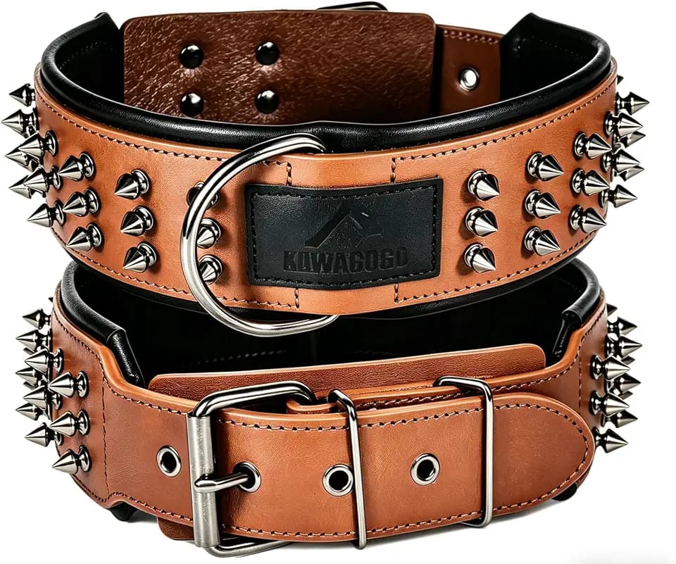 Spiked Real Leather Dog Collar,Handmade Dog Collar Brown XL