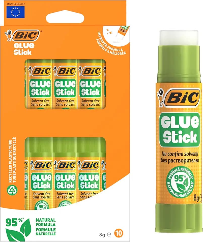 BIC Klebestifte 8 g, zu 95% aus natürlichen Inhaltsstoffen, mit Drehverschluss zum Basteln – Packung à 10