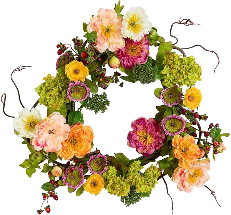 Nearly Natural 24 in Artificial Peony Wreath for Front Door Decor