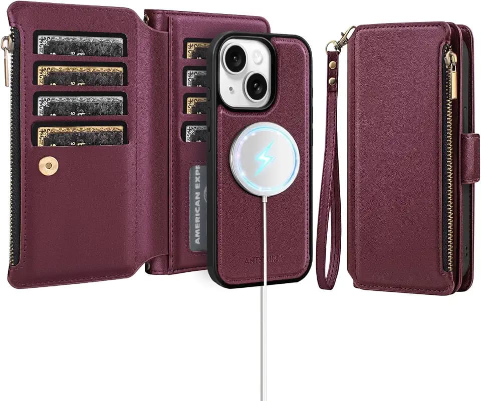 Antsturdy Compatible with MagSafe iPhone 14 Wallet Case,Wine Red