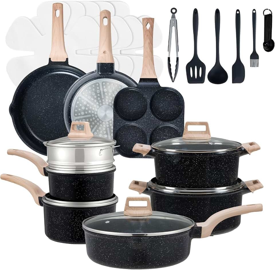 NEWBULIG 25-Piece Nonstick Cookware Set, Granite Pots and Pans with Lids, Induction Compatible Nonstick Cooking Set with Frying Pans & Saucepans, Black
