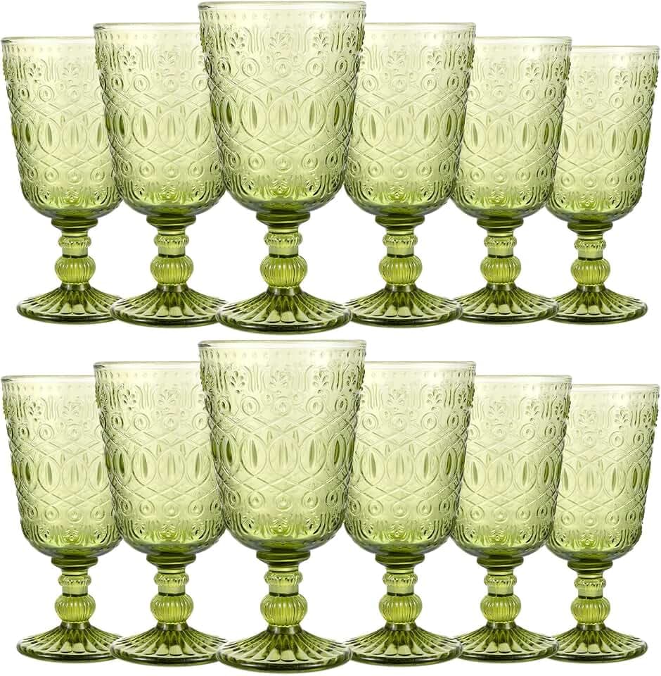 Eaasty 12 Pcs Glass Goblet 9 oz Vintage Wine Glasses, Green