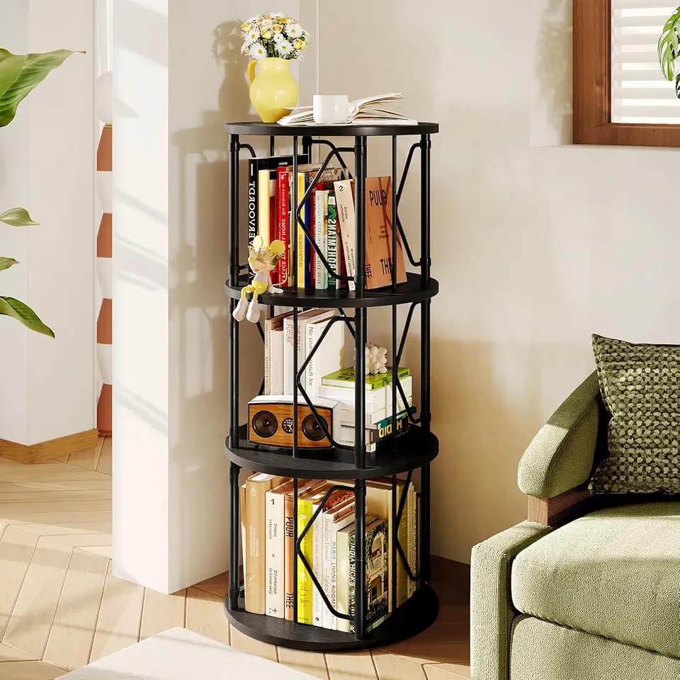 DreamDashio 3 Tier Rotating Bookshelf Tower, Revolving Bookcase, Black