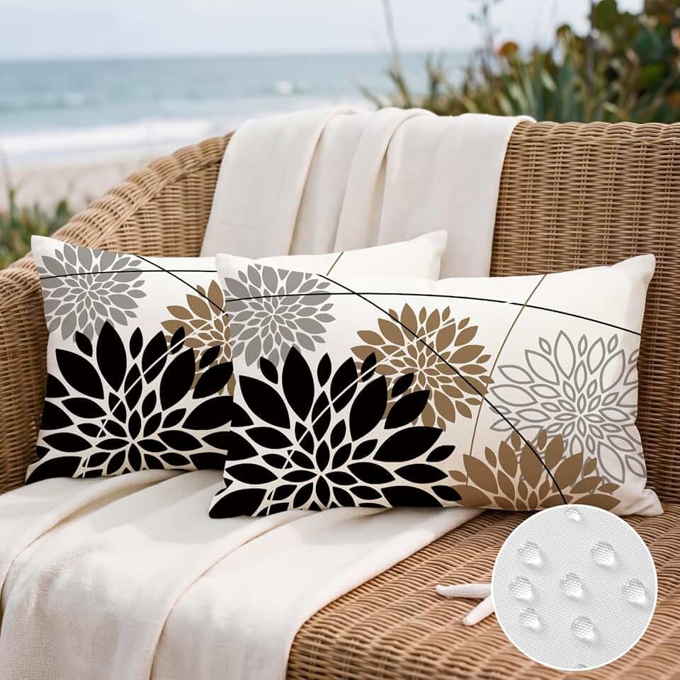 OTOSTAR Outdoor Black Brown Pillow Covers 16x24 Inch Set of 2 Light Brown Flower Throw Pillows Farmhouse Geometric Dahlia Floral Lumbar Cushion Case Waterproof Decor for Sofa Patio Funiture Garden