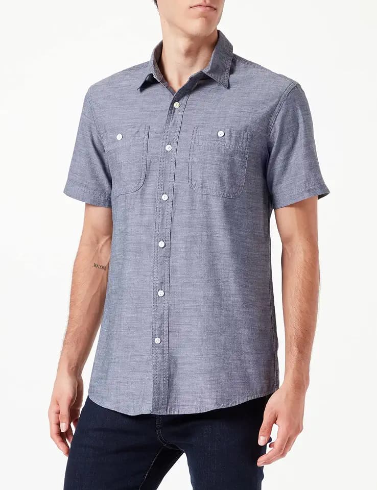 Amazon Essentials Herren Chambray-Hemd mit kurzen Ärmeln in normaler Passform