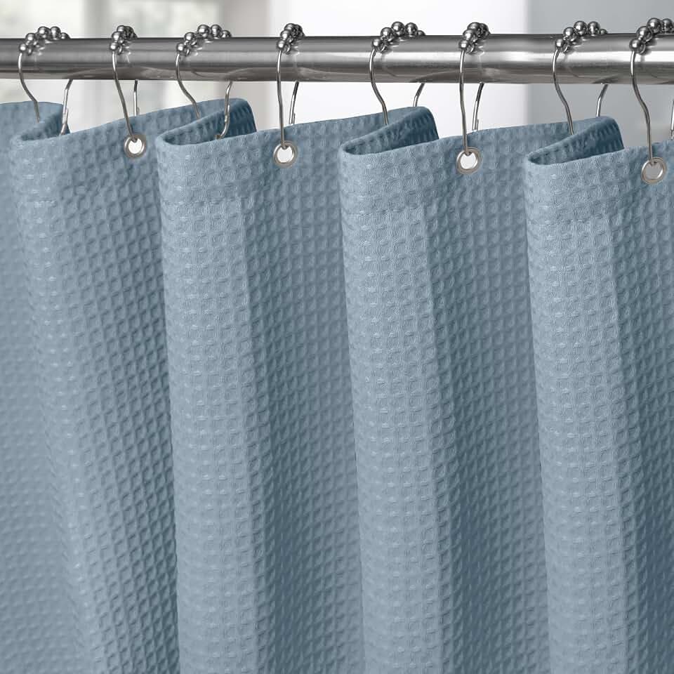 VANZAVANZU Waffel Duschvorhang mit Metall Duschvorhangringe Stoff Textil Badewannenvorhang Anti Schimmel Bad Vorhang Set Wasserdicht Schwerer Badewanne Vorhang - 182 x 198cm (Mondlichtblau)