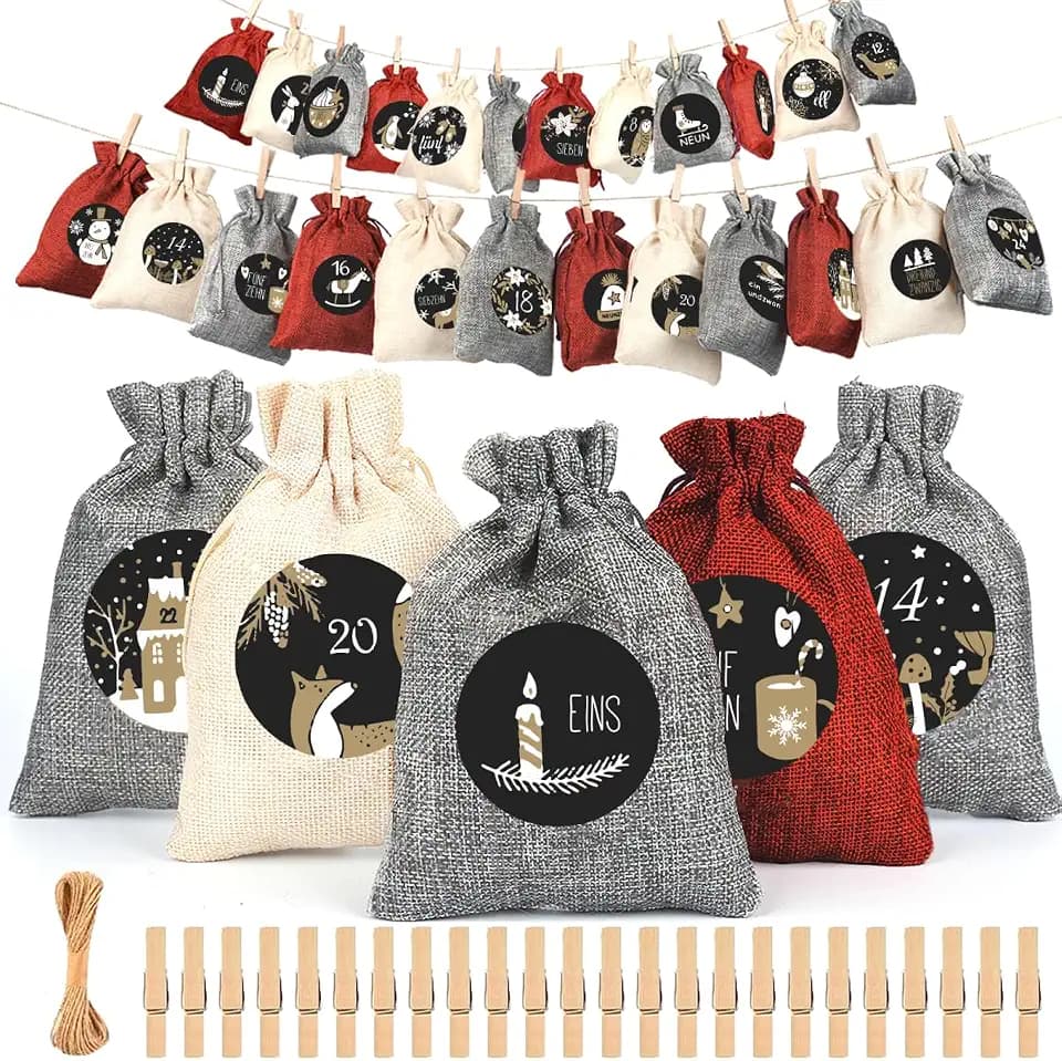 VIPOWOZ Adventskalender zum Befüllen 2024, Adventskalender Selber Befüllen für Kinder Frauen Männer, 24 Adventskalender Säcke 3 Größen, Adventskalender Säckchen Groß, Weihnachtskalender Kinder