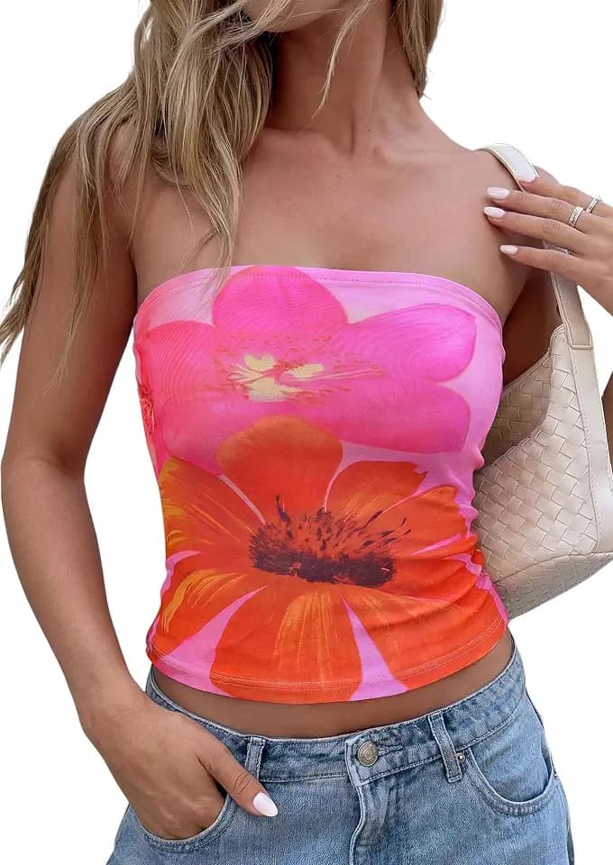 PRETTYGARDEN Tube Tops for Women Summer Floral Going Out Vacation Outfits