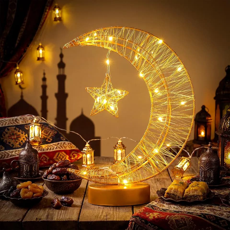 Cinnvoice Ramadan Decorations Moon Ramadan Lights for Table Home 2026, Crescent Lunar Moon Lamp for Eid Mubarak Decor Eid Ul Fitr Lamp Gifts Bedroom Livingroom(Metal,Elegant Style)
