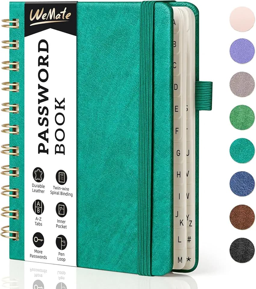 WEMATE Spiral-Passwortbuch mit alphabetischen Registerkarten, kleines Passwortbuch für Senioren, Internet-Passwort-Notizbuch, Hardcover, Passwort, Tagebuch, Logbuch, 11,9 x 15,2 cm (4,7 x 6 Zoll