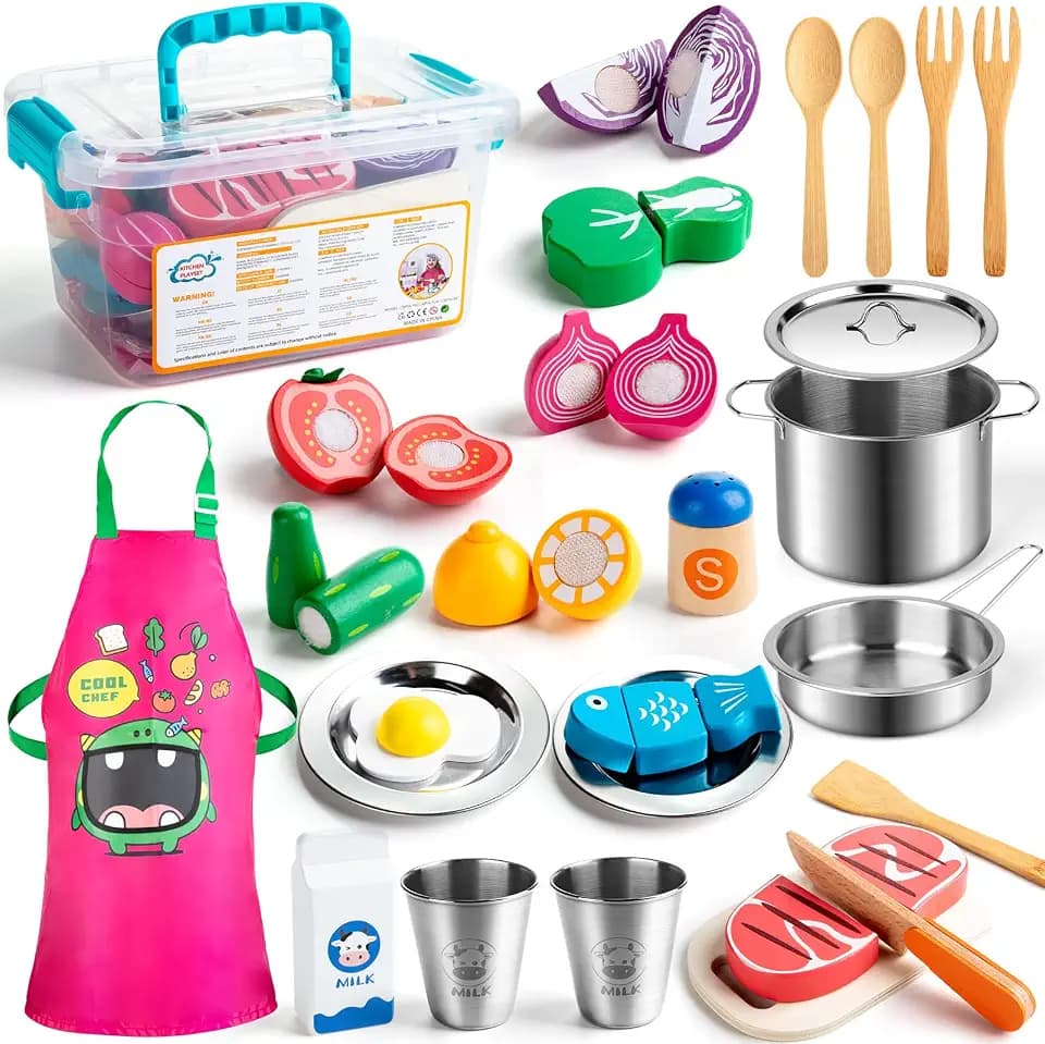 Sundaymot Matschküche Zubehör, Kinderküche Zubehör Holz Outdoor Spielküche Küchenzubehör, Kinder Edelstahl Küchenzubehör für Töpfe, für Kinder Ab 3 Jahren