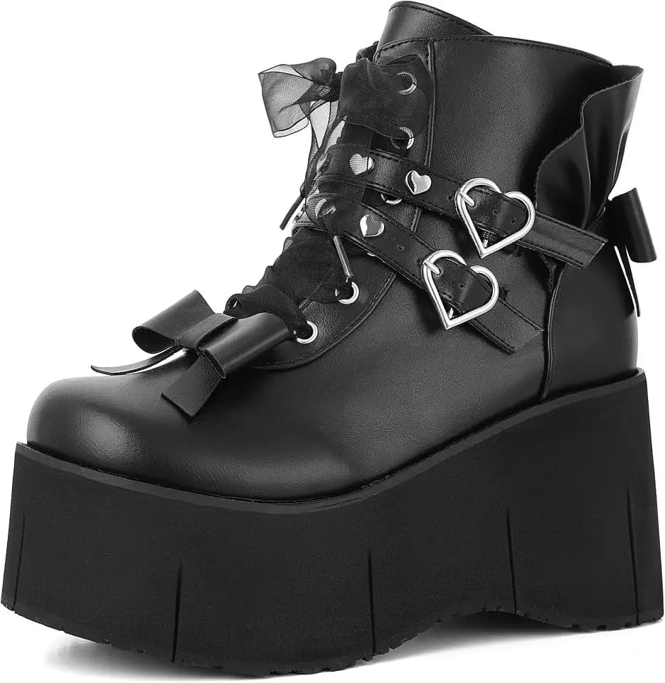 CYNLLIO Women's Platform Boots Goth Wedges Boots High Heel Punk Boots Black Boots Harajuku Fashion Kawaii Bow Ankle Boots Cool Combat Boots