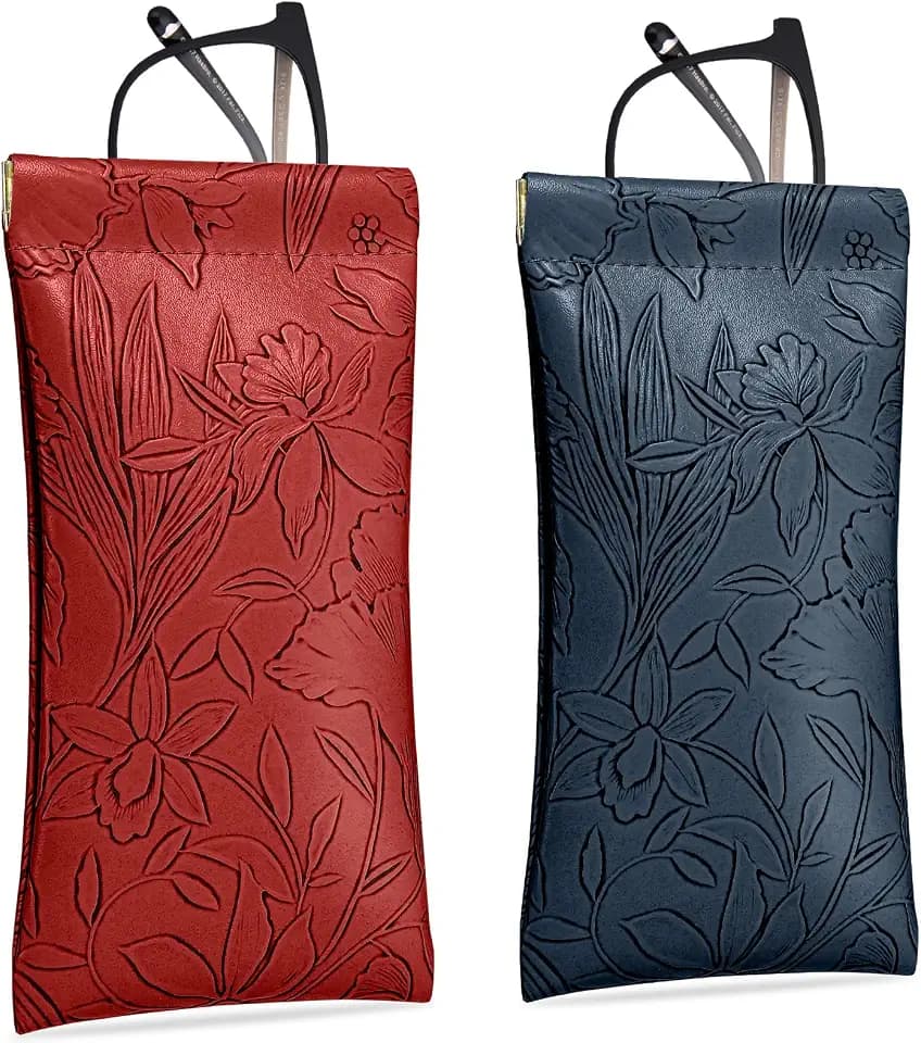 Eyeglasses Cases 2Pack Embossed PU leather glasses pouch Squeeze Top Portable Glasses Cases for Men Women
