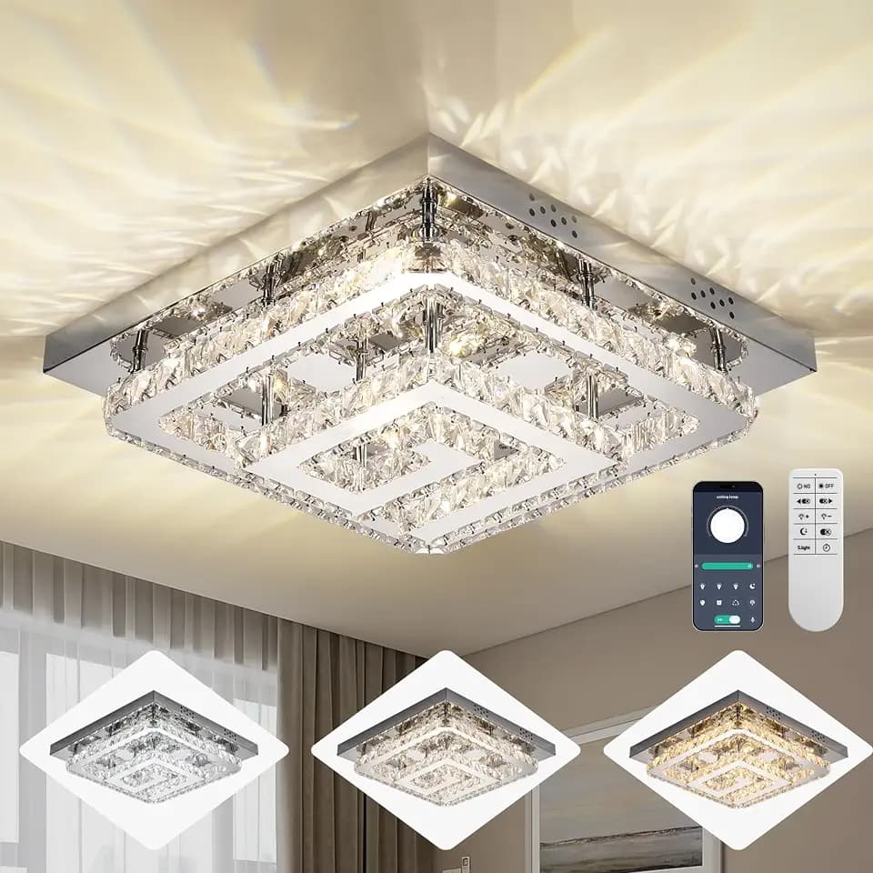 25 inch Silver Crystal Chandeliers LED Ceiling Light,Flush Mount Chandelier