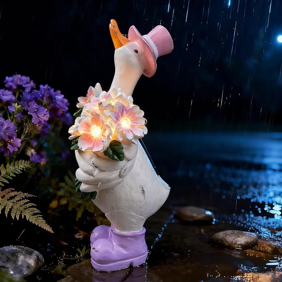 IVCOOLE Outdoor Solar-Powered Duck Statue – Garden Duck Decor with Solar Light, Resin Solar Garden Statue for Lawn Patio Porch Yard– Duck Figurine Gift for Mom, Grandma, Women Garden Lovers