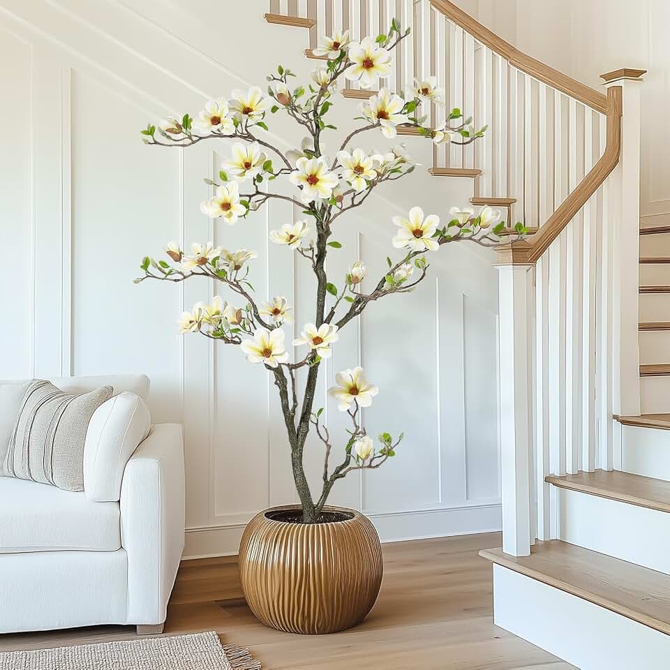 Garvee Künstliche Magnolia Pflanzen,180 cm Kunstpflanzen mit Weiß Topf Für Indoor, Patio Home Office Blumen Dekor, Groß Künstliche Baum Kunstbaum (Weiß Magnolia 6 ft/180cm)