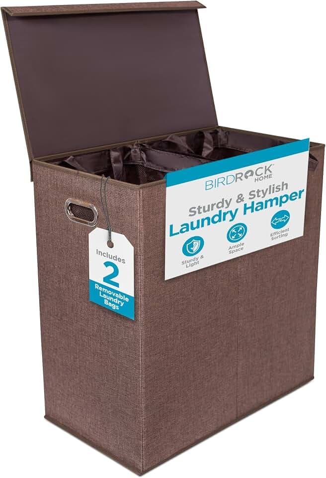BIRDROCK HOME 13Gal Tall Double Laundry Hamper with Lid, Brown, 25.75”