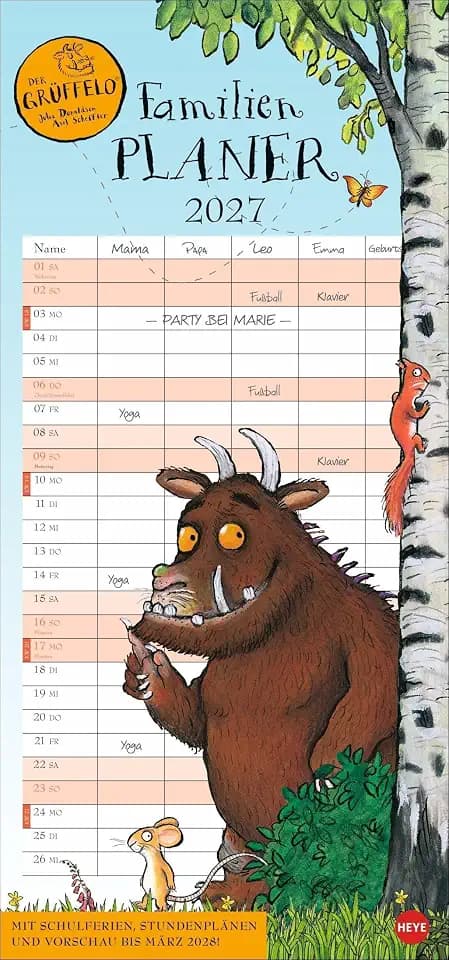 Der Grüffelo Familienplaner 2027: Witziger Kalender mit den bekannten Figuren aus dem Kinderbuch-Klassiker. Hochkant-Format: Langer Kalender mit 5 Spalten für Übersicht und Planung.