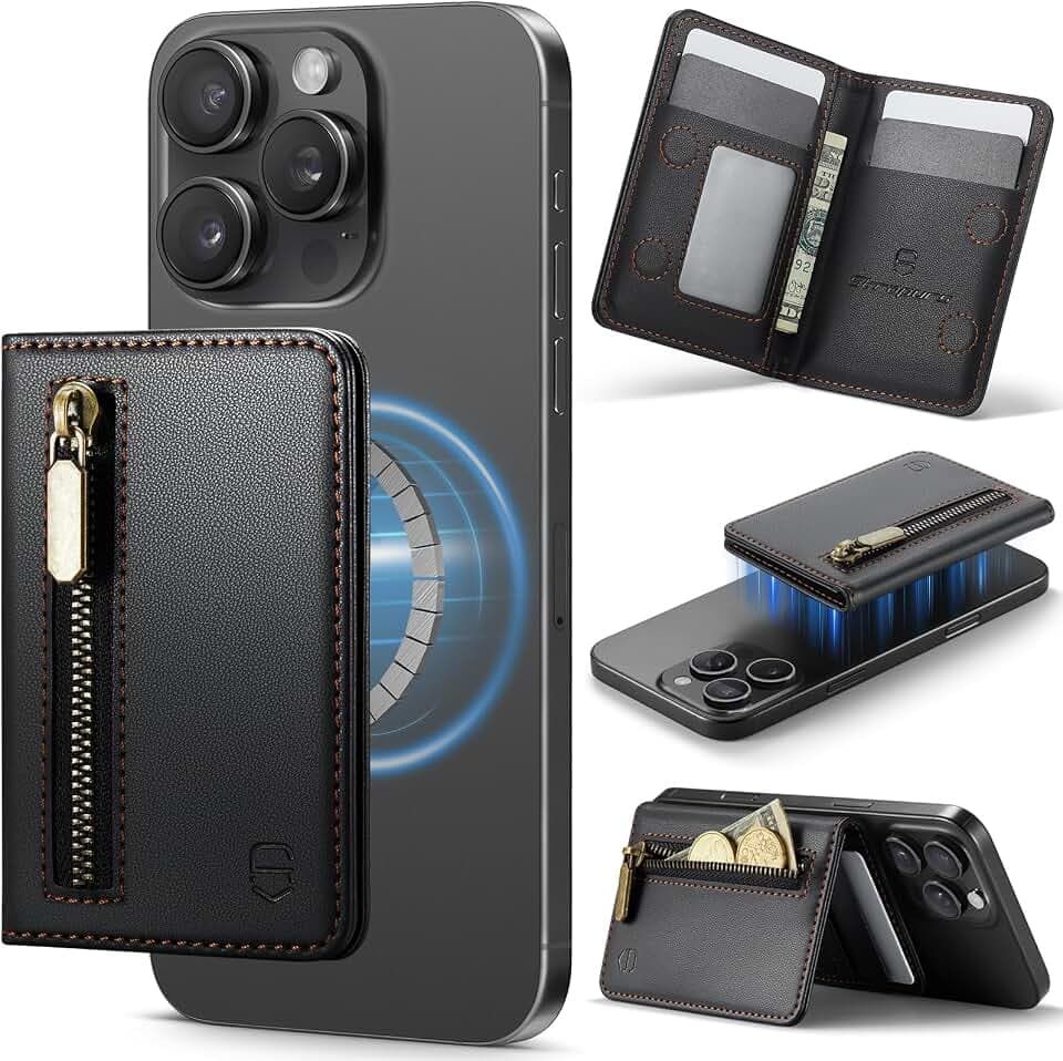 Strapurs Magnetic Card Holder Compatible with MagSafe Phones and Cases, PU Leather Phone Wallet for iPhone 17/16/15/14/13/12/Pro/Max/Plus/Air, 4 Card Slots RFID Blocking with Zipper Pocket - Black