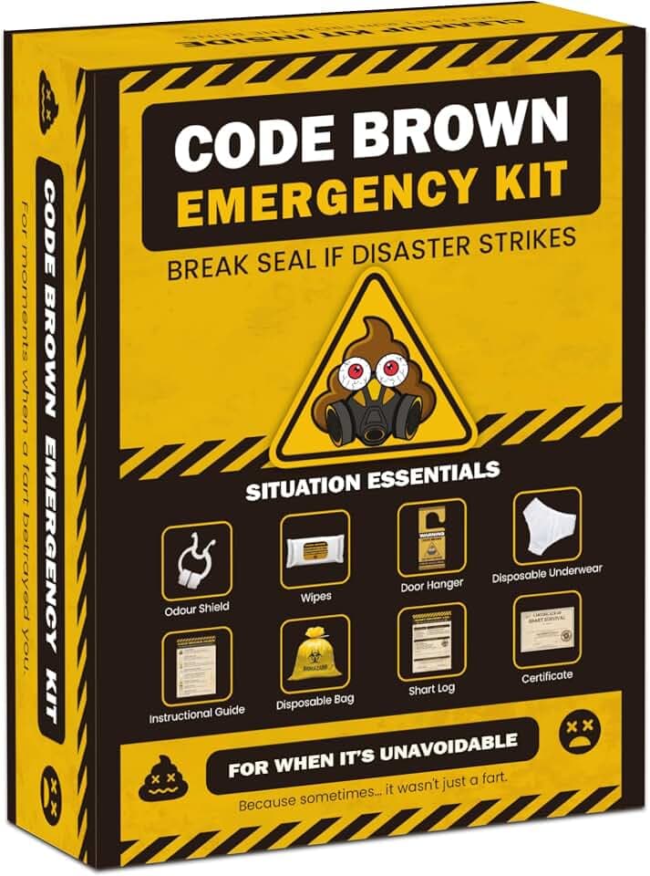 Code Brown Emergency Kit – Funny Gag Gift – UK Made Novelty Survival Kit with Wipes, Disposable Underwear, Door Hanger & More – Birthday Gift for Him, Her, Friends