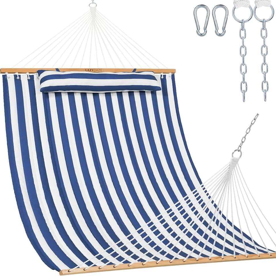 Lazy Daze Double Quilted Hammock with Pillow and Carabiners, Blue White