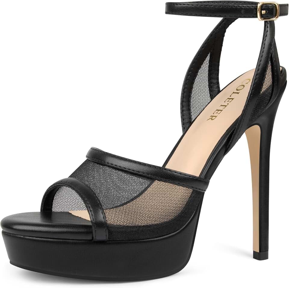 COLETER Women's Mesh Platform Stiletto Open Toe Ankle Strap Dress Sandals