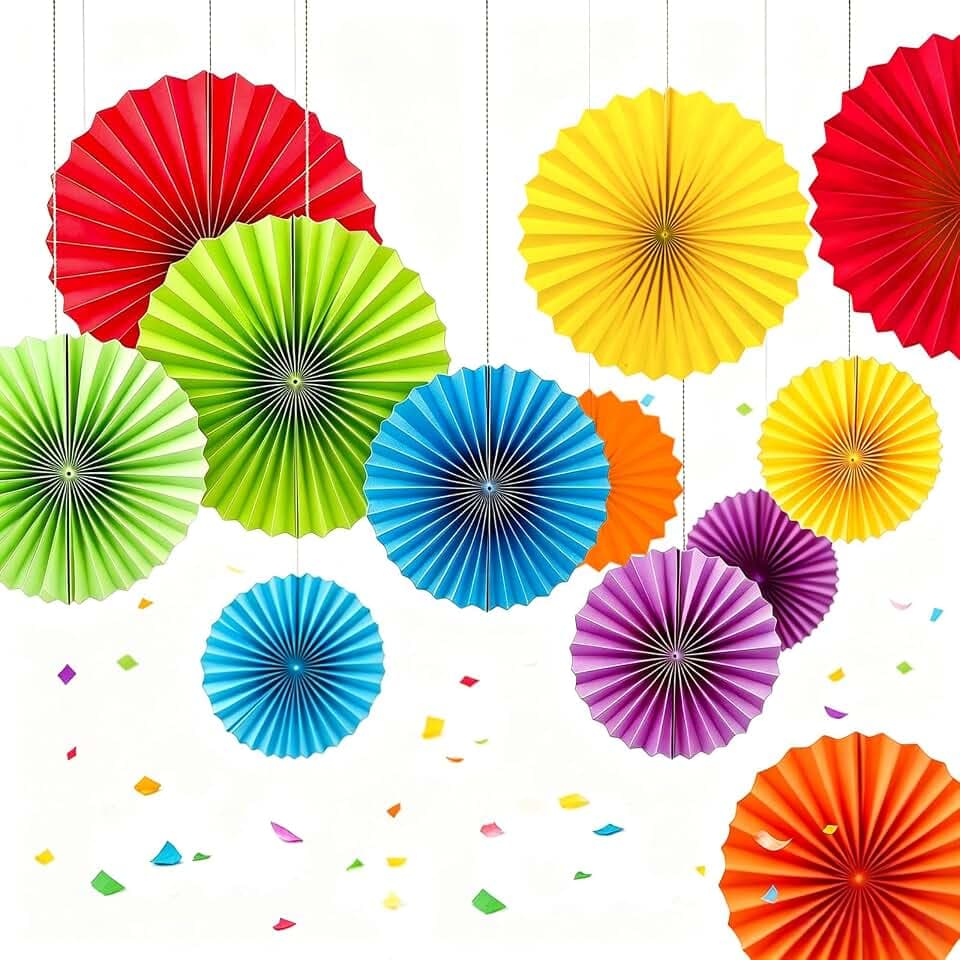 Rainbow Paper Round Fan Decorations,Vibrant Red Green Yellow Blue Orange Purple Hanging Fans, Fiesta Party Decor, Wedding Birthday Backdrop, Back to School Decor, Set of 12, 10", 12"