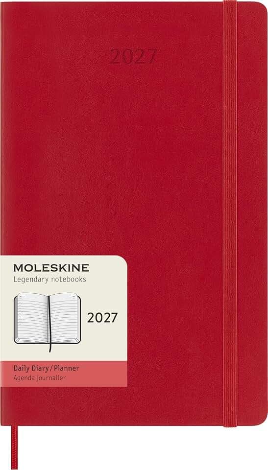 Moleskine Tageskalender 2027, 12-Monats-Planer mit Softcover, Elastischer Verschluss, Format Large 13x21 cm, Scharlachrot