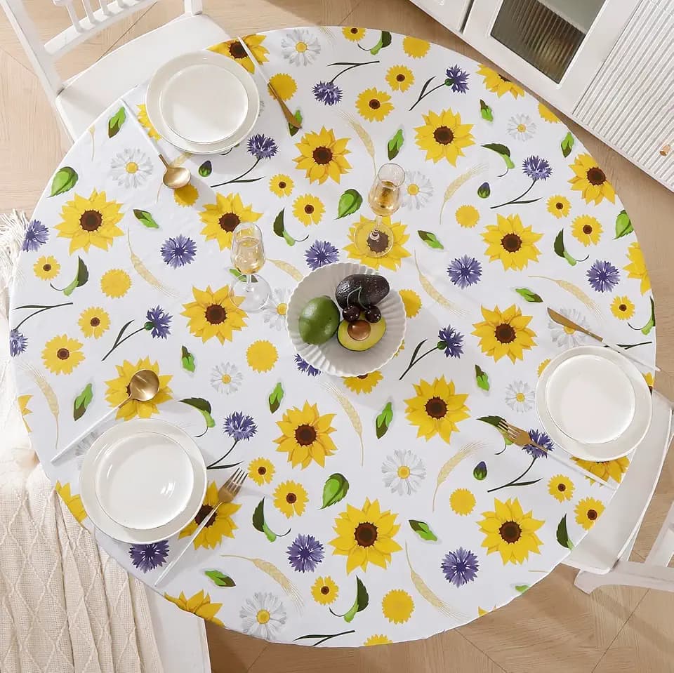 Walrus Round Vinyl Fitted Tablecloth with Flannel Backing Elastic Edge Design Table Cover Waterproof Oil-Proof PVC Table Cloth Stain-Resistant Best for 45"-56" Round