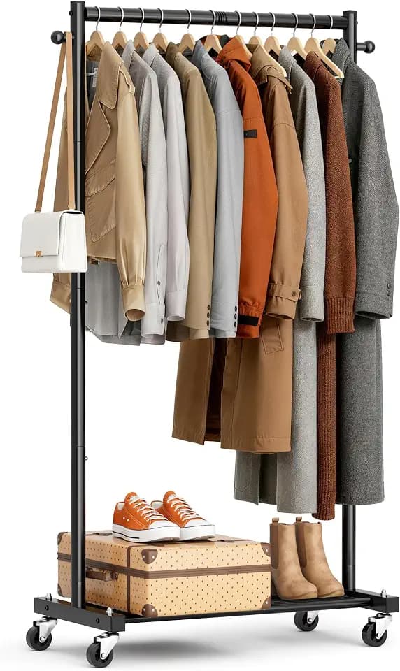 MISSLO Clothes Racks for Hanging Clothes 25mm Metal Clothing Rack with Shelves for Storage Rolling Garment Rack with Wheels for Bedroom, Laundry, Black, 28" x 15.5" x 60"